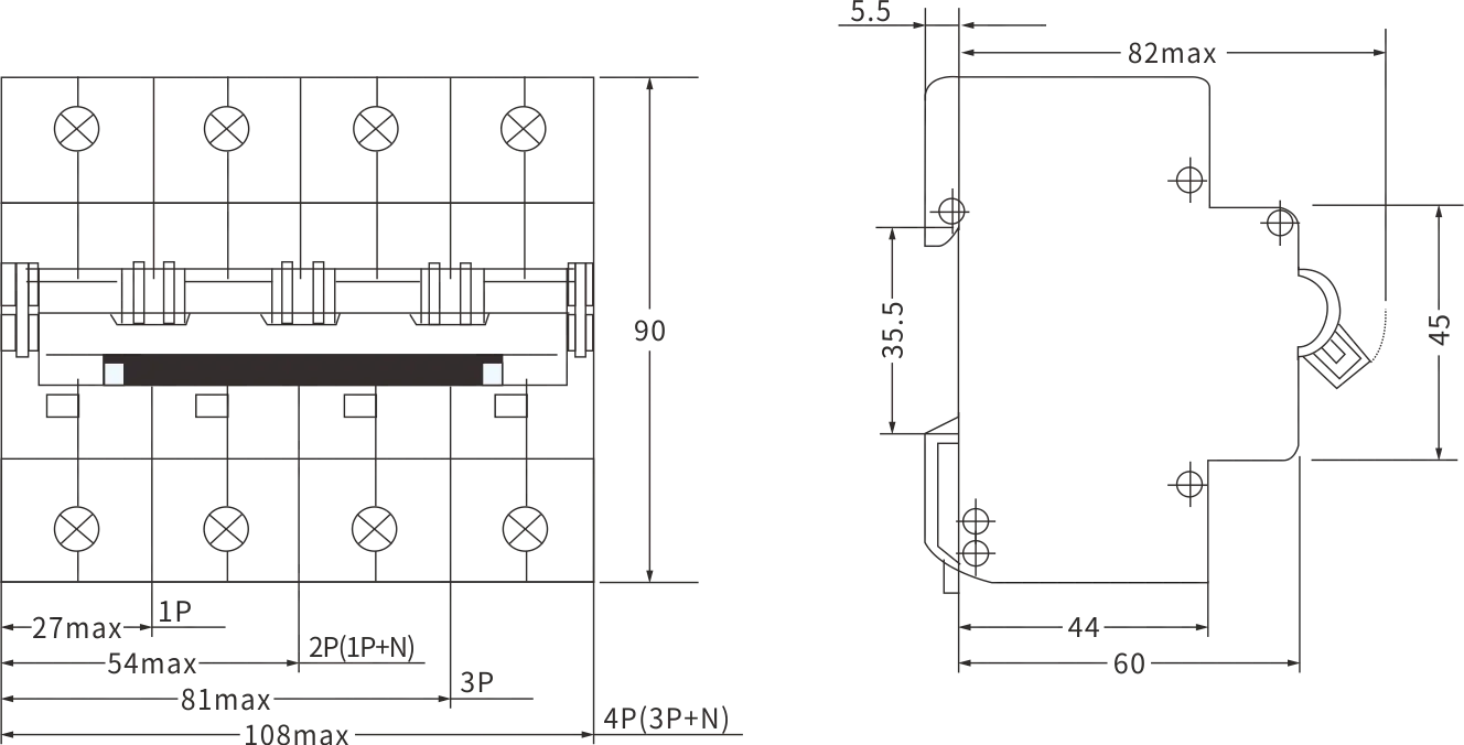 ETEK BIG Current MCB EKM1-125H Größe